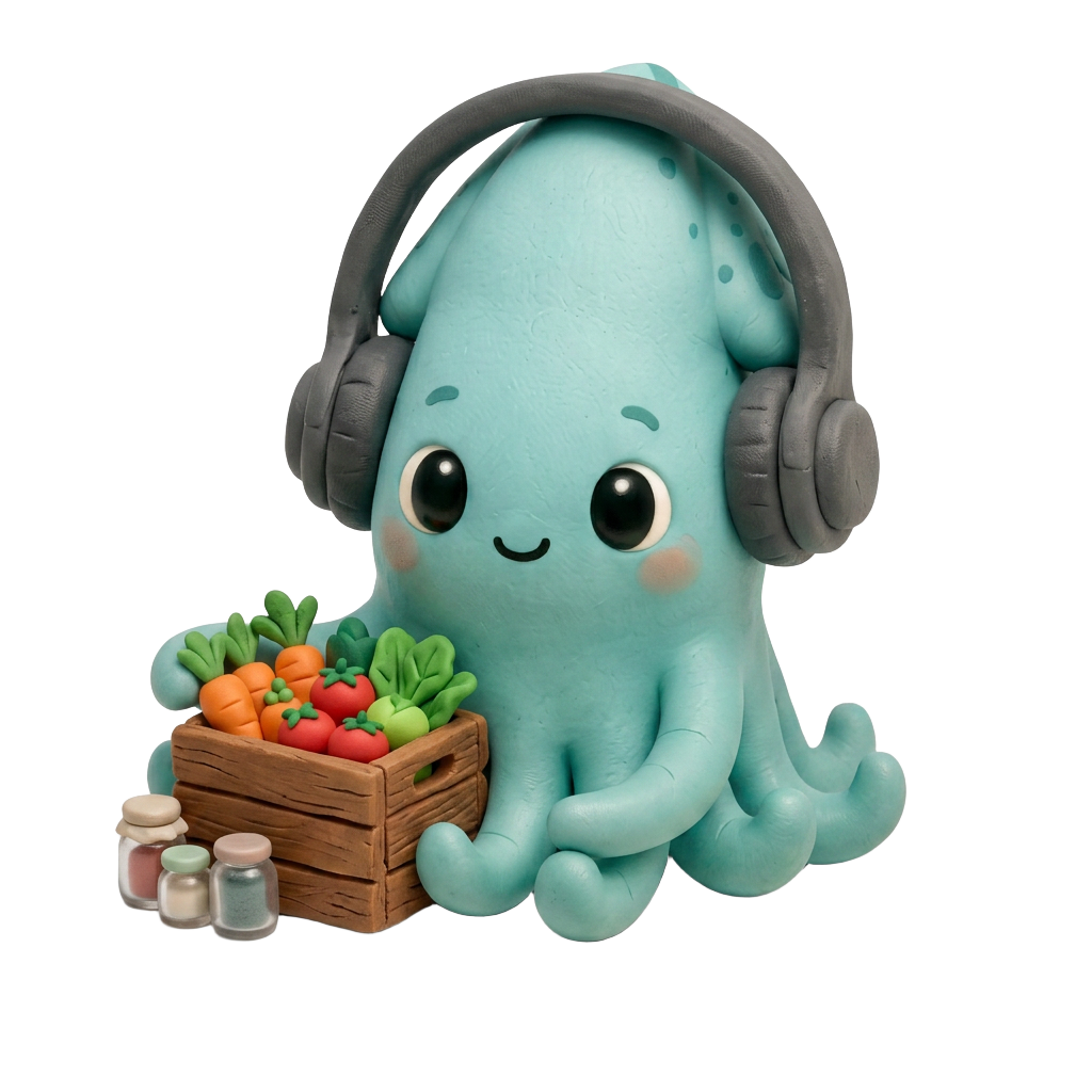 squidd wearing headphones with groceries