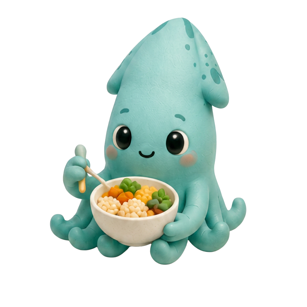 squidd mascot holding a bowl of food